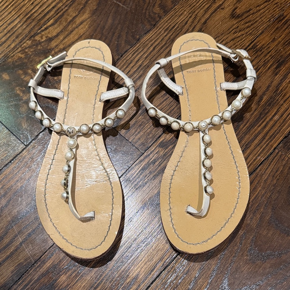Used Tory Burch Pearl Embellished Sandals - White